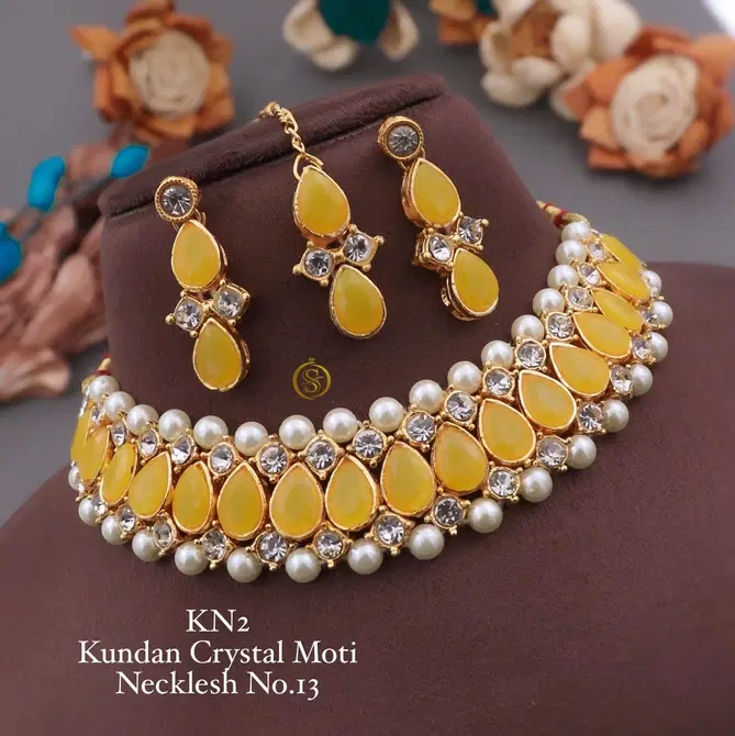 KN 12 designer Kundan Crystal Moti Necklace Set Wholesale Price In Surat
